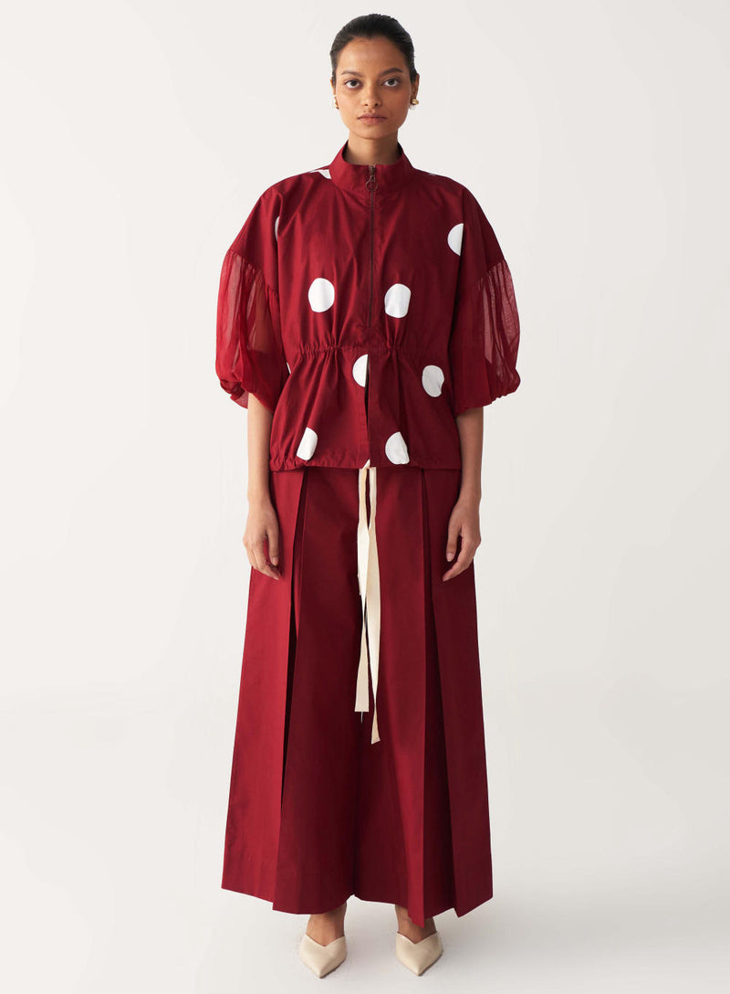 DRAWSTRING POLKA TOP-MADDER RED poplin by THREE in red color for women in Singapore
