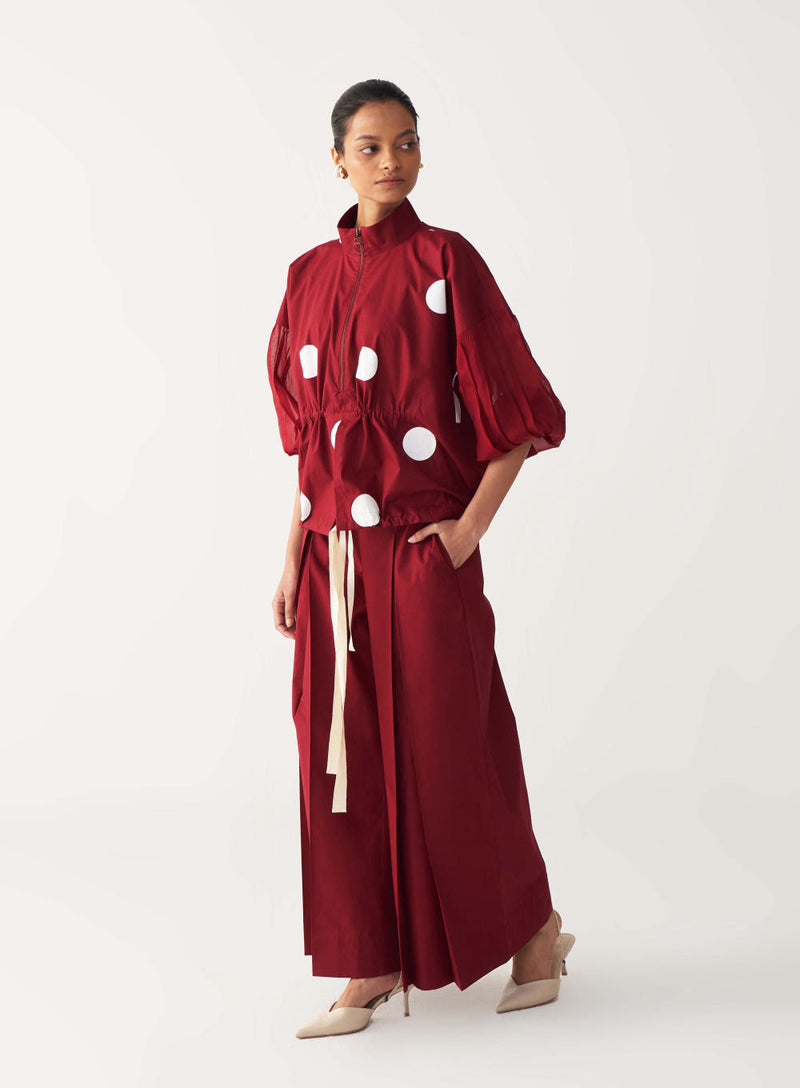 DRAWSTRING POLKA TOP-MADDER RED poplin by THREE in red color for women in Singapore
