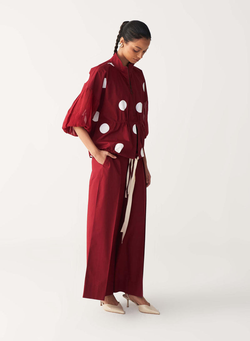 DRAWSTRING POLKA TOP-MADDER RED poplin by THREE in red color for women in Singapore