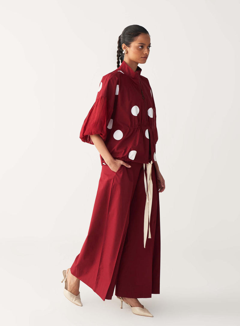 DRAWSTRING POLKA TOP-MADDER RED poplin by THREE in red color for women in Singapore
