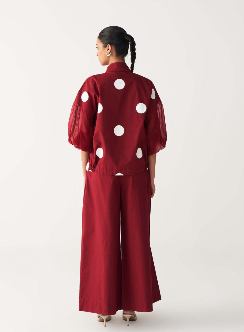DRAWSTRING POLKA TOP-MADDER RED poplin by THREE in red color for women in Singapore
