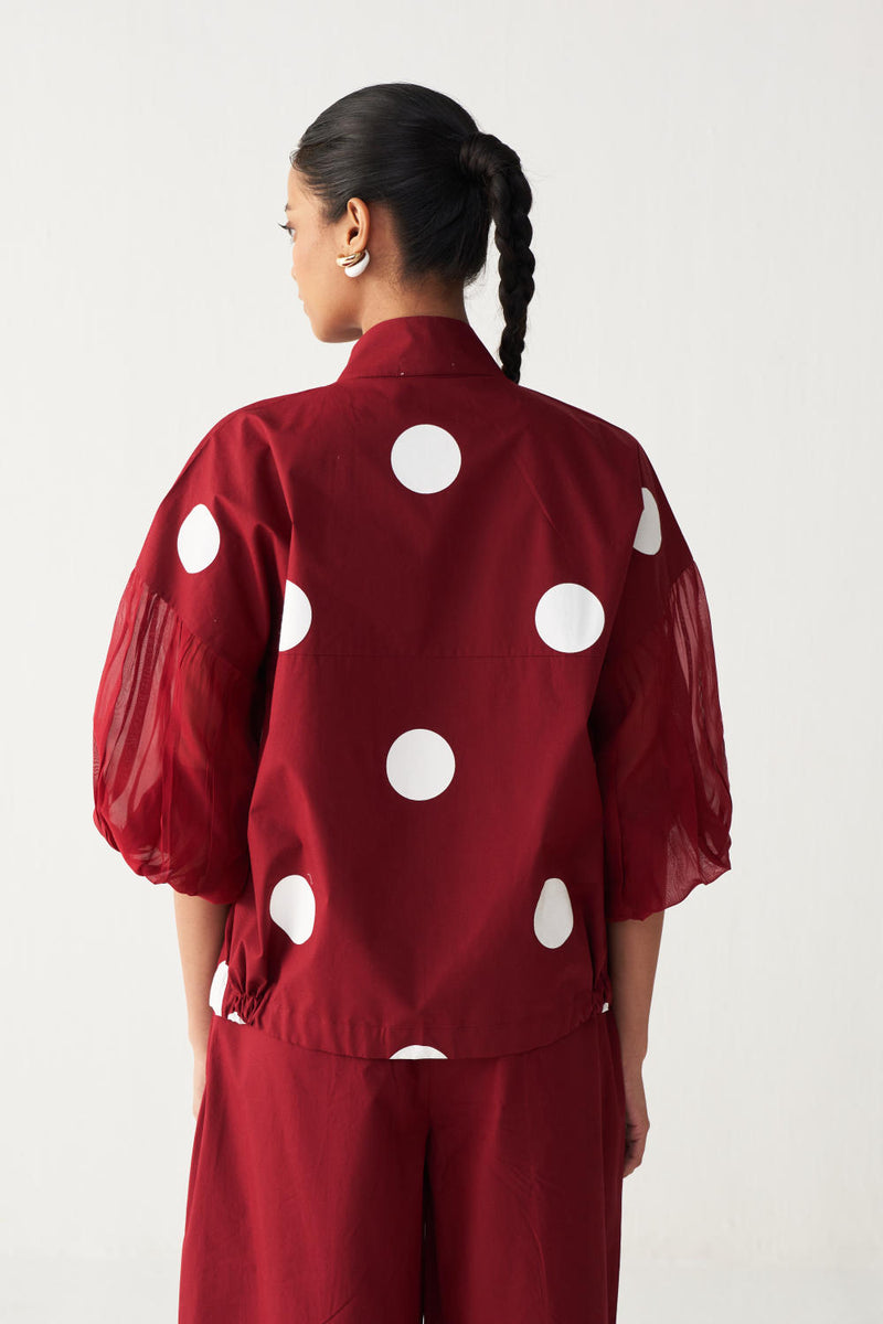 DRAWSTRING POLKA TOP-MADDER RED poplin by THREE in red color for women in Singapore
