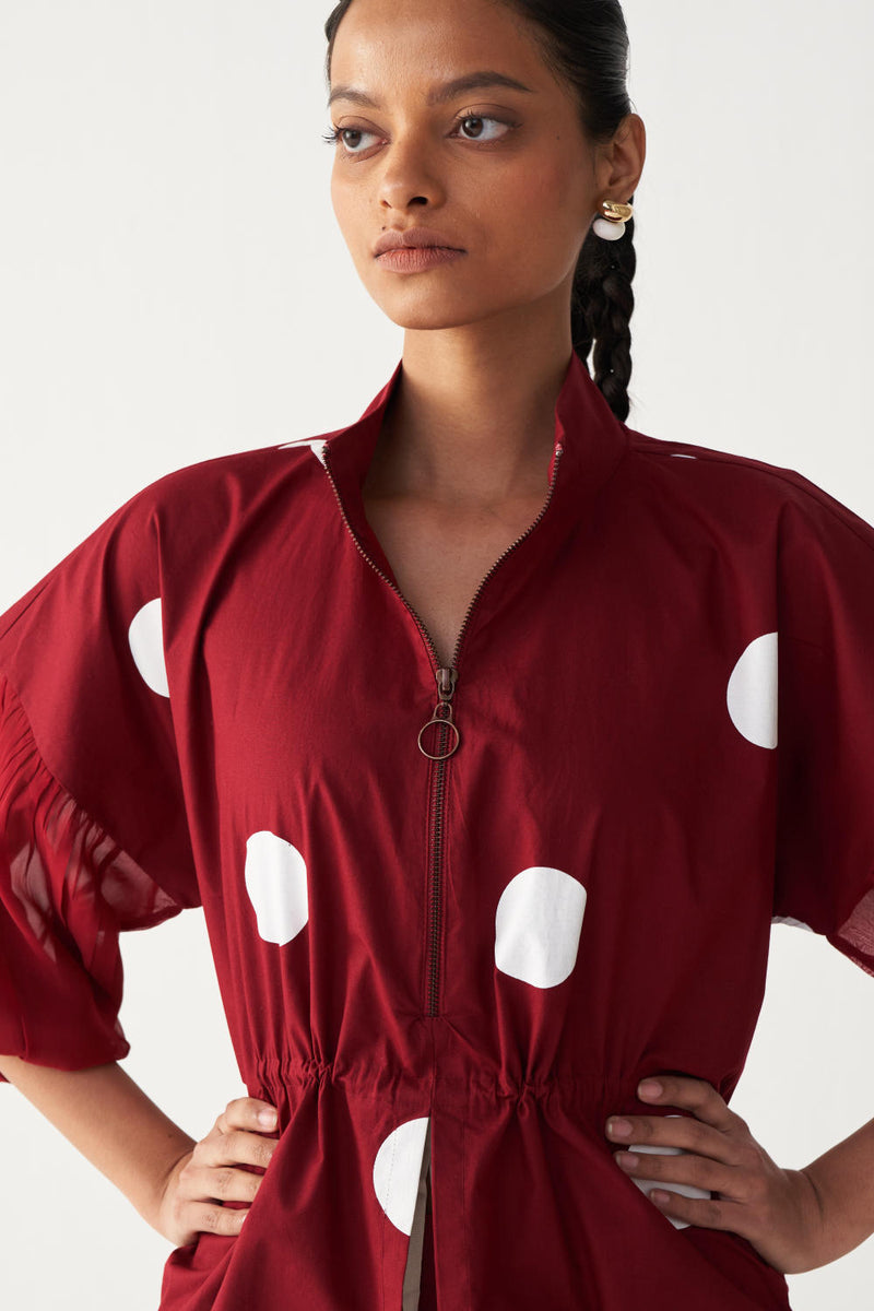 DRAWSTRING POLKA TOP-MADDER RED poplin by THREE in red color for women in Singapore