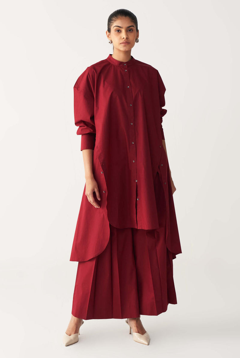 SIDE BUTTON TUNIC-MADDER RED poplin by THREE in red color for women in Singapore