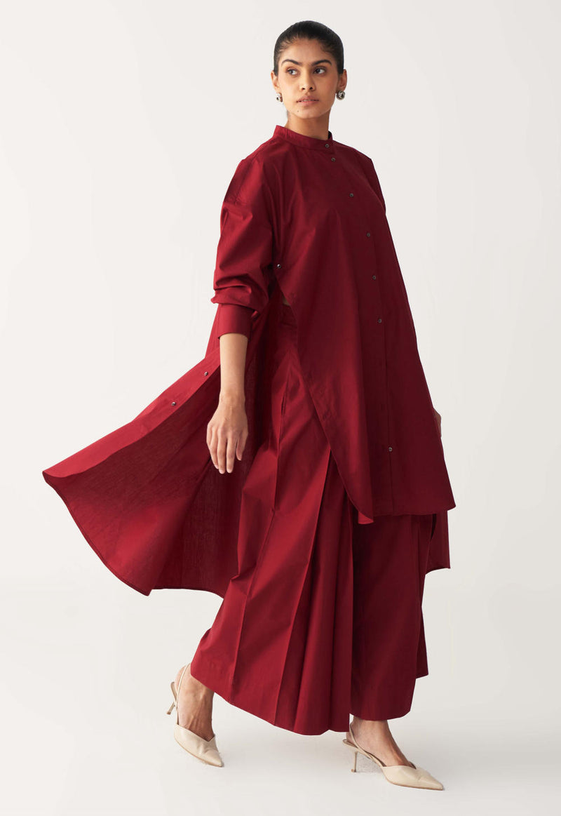SIDE BUTTON TUNIC-MADDER RED poplin by THREE in red color for women in Singapore