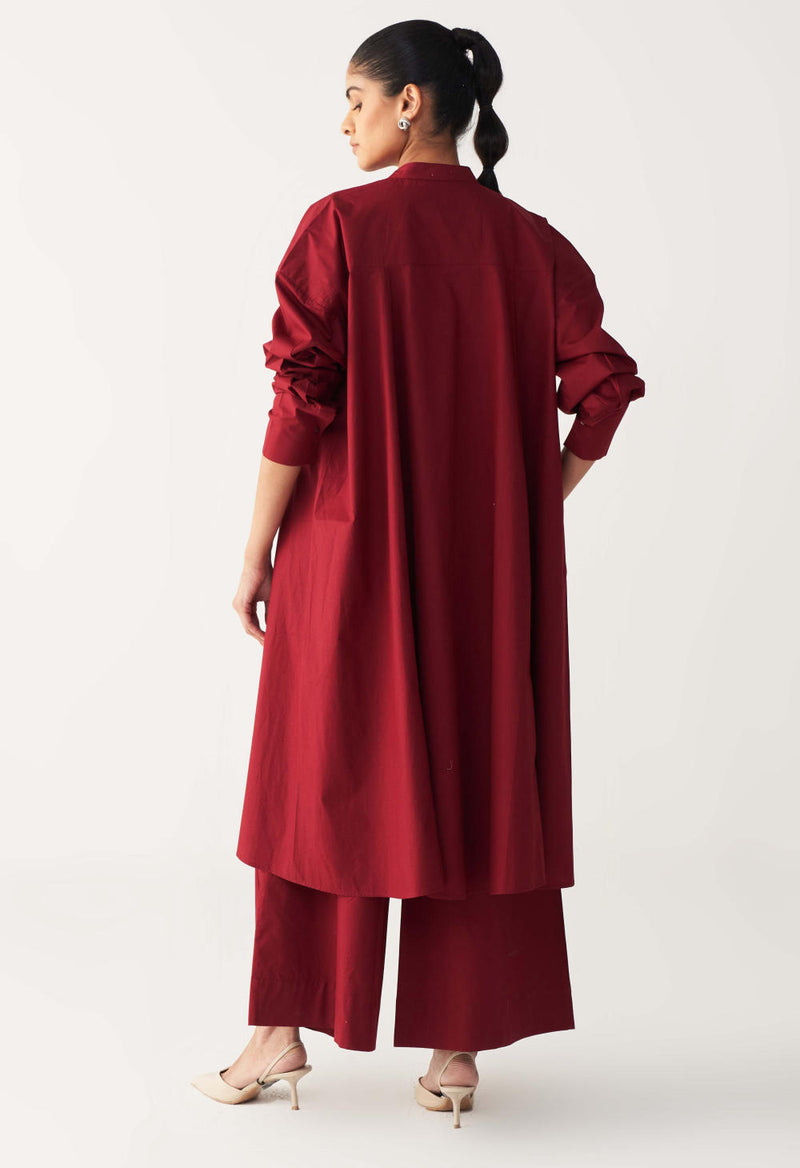 SIDE BUTTON TUNIC-MADDER RED poplin by THREE in red color for women in Singapore