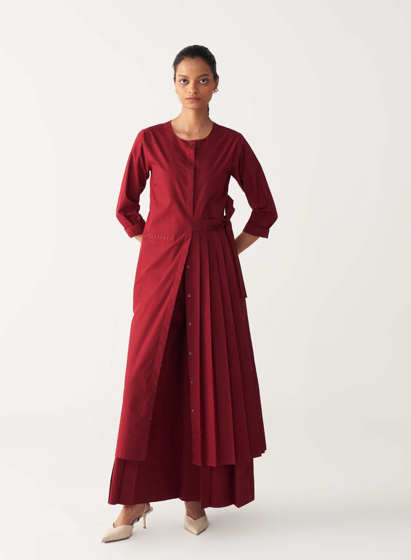 FRONT PLEAT TUNIC CO-ORD-MADDER RED poplin by THREE in red color for women in Singapore