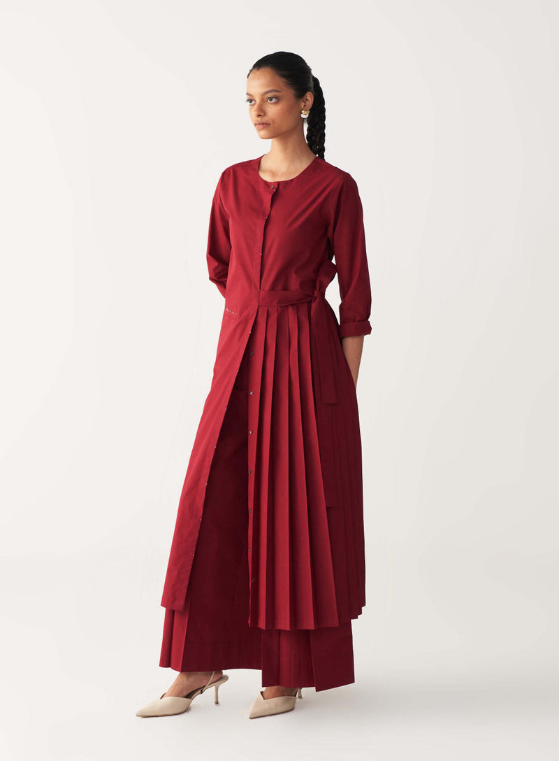 FRONT PLEAT TUNIC-MADDER RED poplin by THREE in red color for women in Singapore