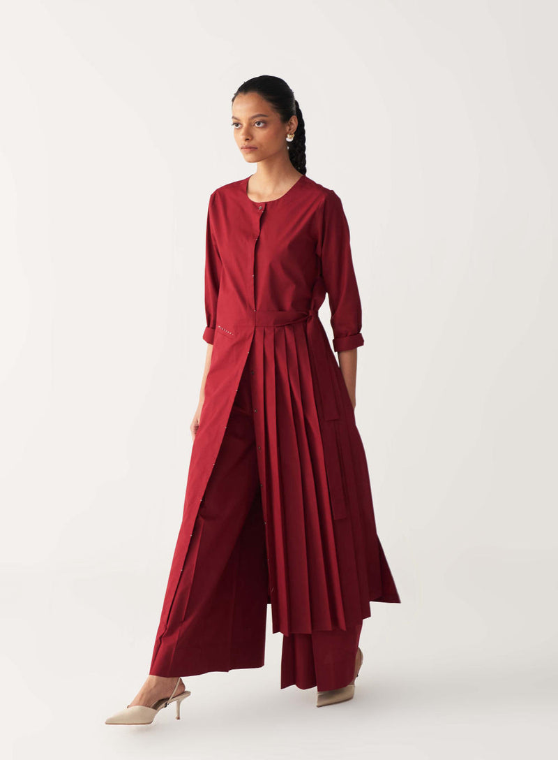 FRONT PLEAT TUNIC CO-ORD-MADDER RED poplin by THREE in red color for women in Singapore