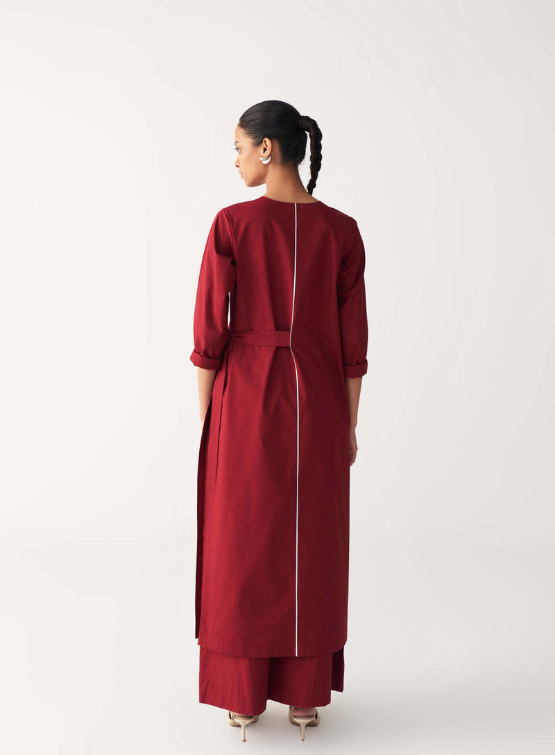 FRONT PLEAT TUNIC CO-ORD-MADDER RED poplin by THREE in red color for women in Singapore