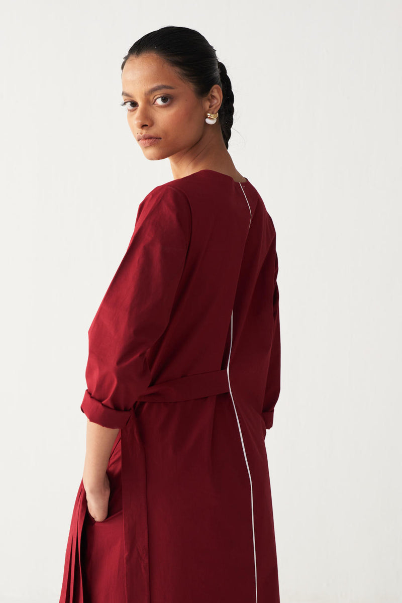 FRONT PLEAT TUNIC-MADDER RED poplin by THREE in red color for women in Singapore