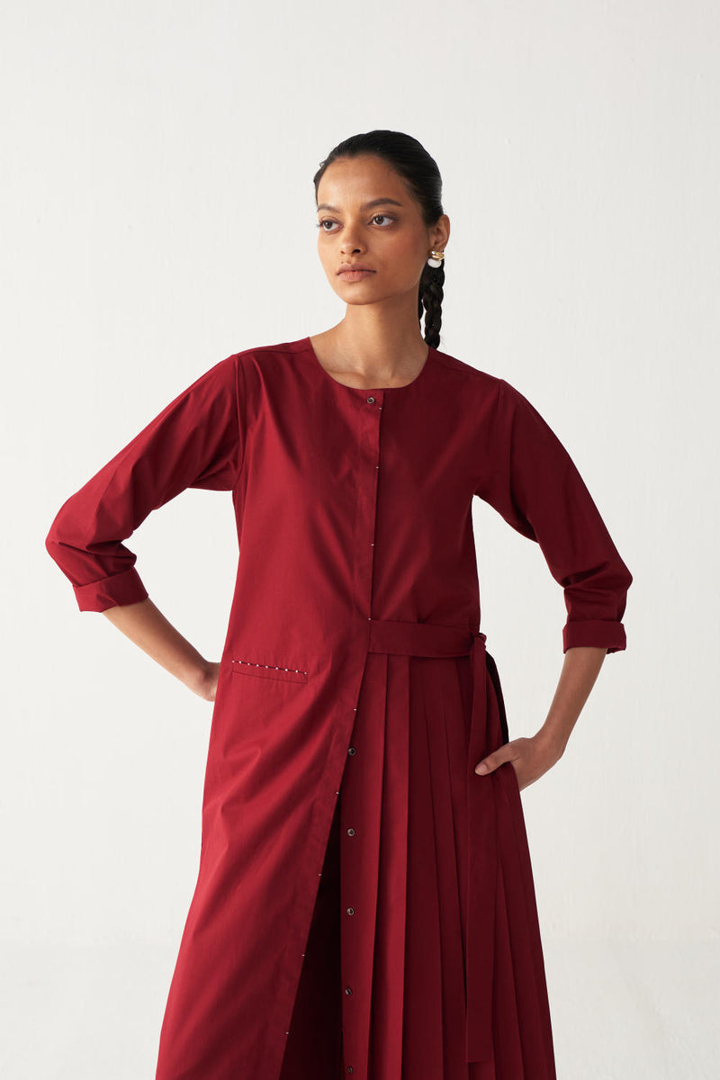 FRONT PLEAT TUNIC CO-ORD-MADDER RED poplin by THREE in red color for women in Singapore
