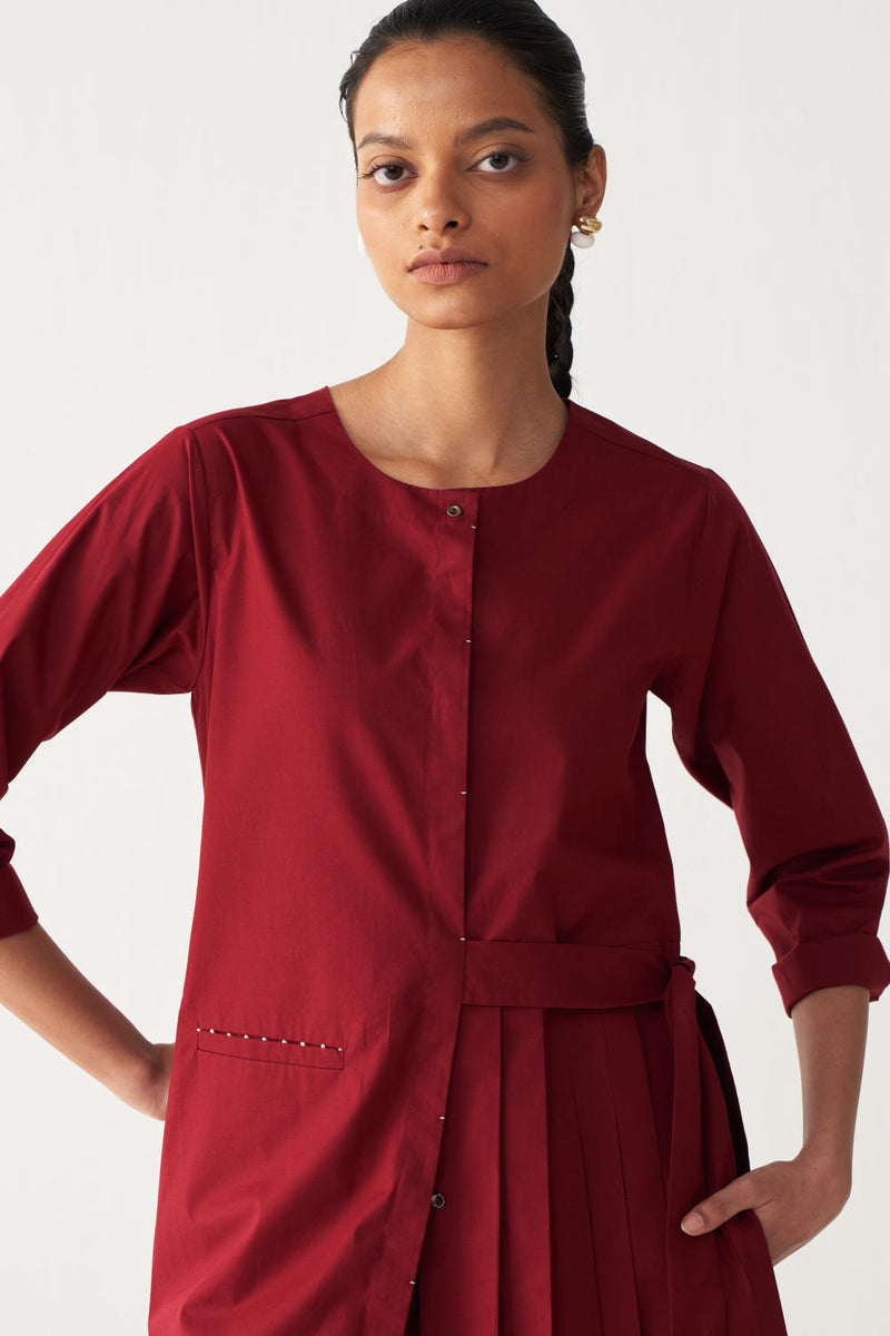 FRONT PLEAT TUNIC-MADDER RED poplin by THREE in red color for women in Singapore