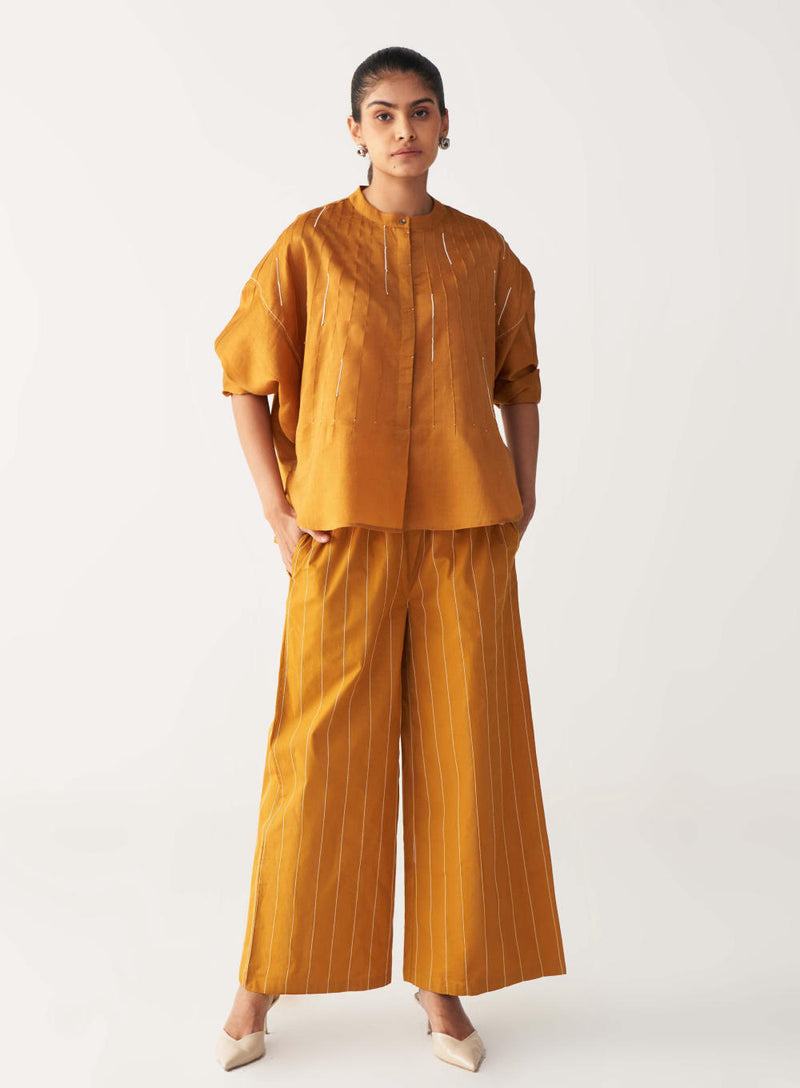 PINTUCK BAT SLEEVE TOP-MUSTARD chanderi by THREE in mustard color for women in Singapore