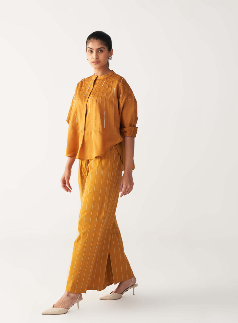 PINTUCK BAT SLEEVE TOP-MUSTARD chanderi by THREE in mustard color for women in Singapore