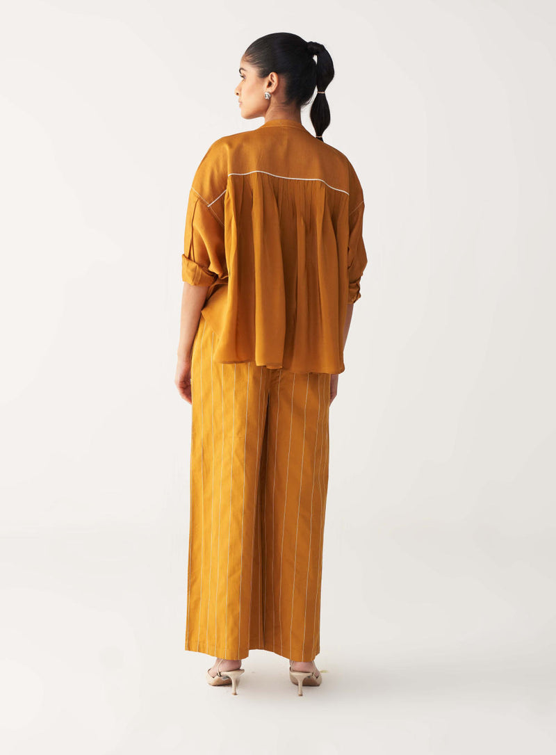 PINTUCK BAT SLEEVE TOP-MUSTARD chanderi by THREE in mustard color for women in Singapore