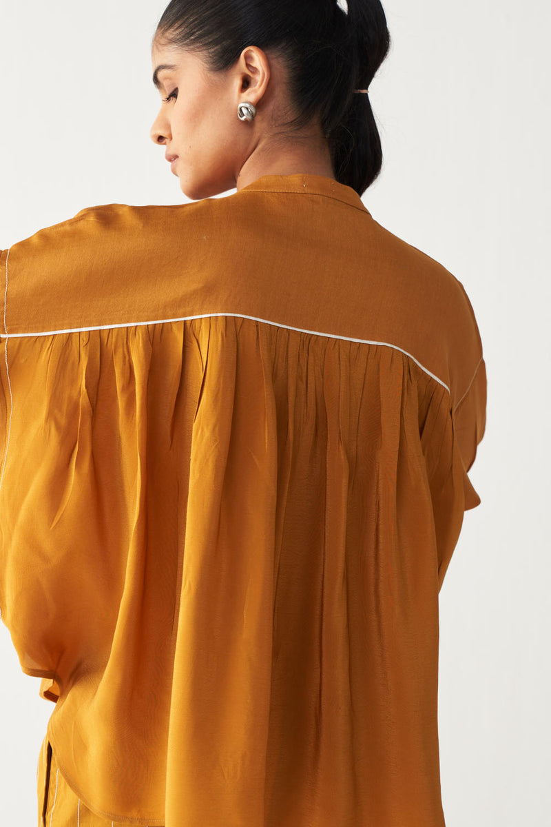 PINTUCK BAT SLEEVE TOP-MUSTARD chanderi by THREE in mustard color for women in Singapore
