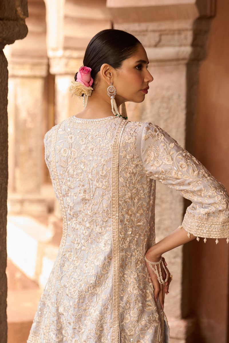 SABOOR - BLUE SHORT A-LINE KURTA WITH STRAIGHT PANTS AND DUPATTA silk organza kurta/kurta set by SHEETAL BATRA in blue for women in Singapore