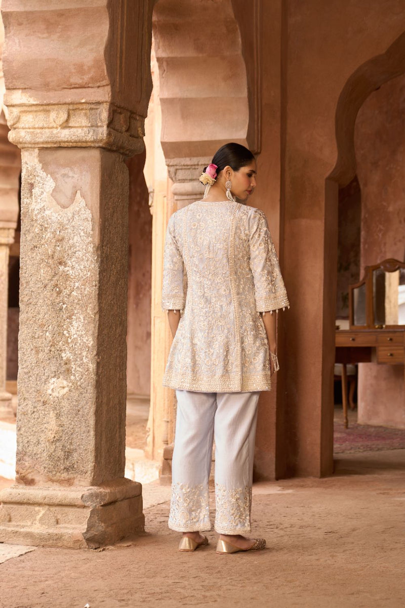 SABOOR - BLUE SHORT A-LINE KURTA WITH STRAIGHT PANTS AND DUPATTA silk organza kurta/kurta set by SHEETAL BATRA in blue for women in Singapore