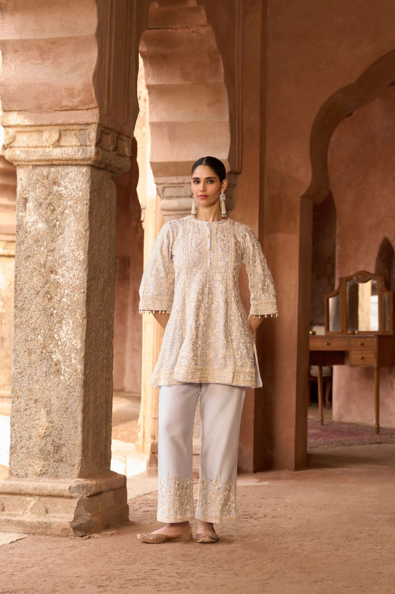 SABOOR - BLUE SHORT A-LINE KURTA WITH STRAIGHT PANTS AND DUPATTA silk organza kurta/kurta set by SHEETAL BATRA in blue for women in Singapore
