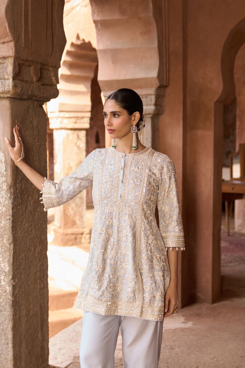 SABOOR - BLUE SHORT A-LINE KURTA WITH STRAIGHT PANTS AND DUPATTA silk organza kurta/kurta set by SHEETAL BATRA in blue for women in Singapore
