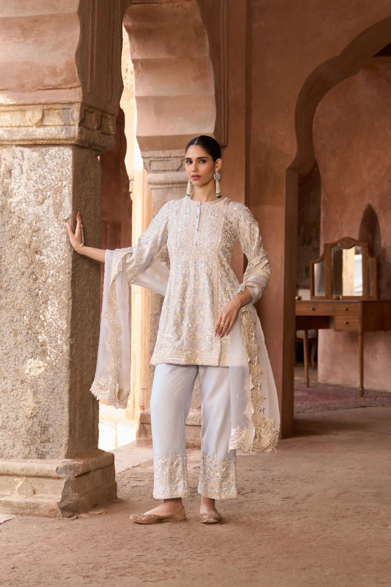 SABOOR - BLUE SHORT A-LINE KURTA WITH STRAIGHT PANTS AND DUPATTA silk organza kurta/kurta set by SHEETAL BATRA in blue for women in Singapore