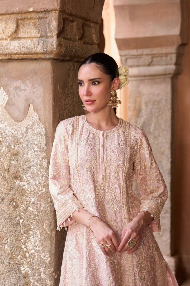 SABOOR - PINK SHORT A-LINE KURTA WITH STRAIGHT PANTS AND DUPATTA silk organza kurta/kurta set by SHEETAL BATRA in pink for women in Singapore