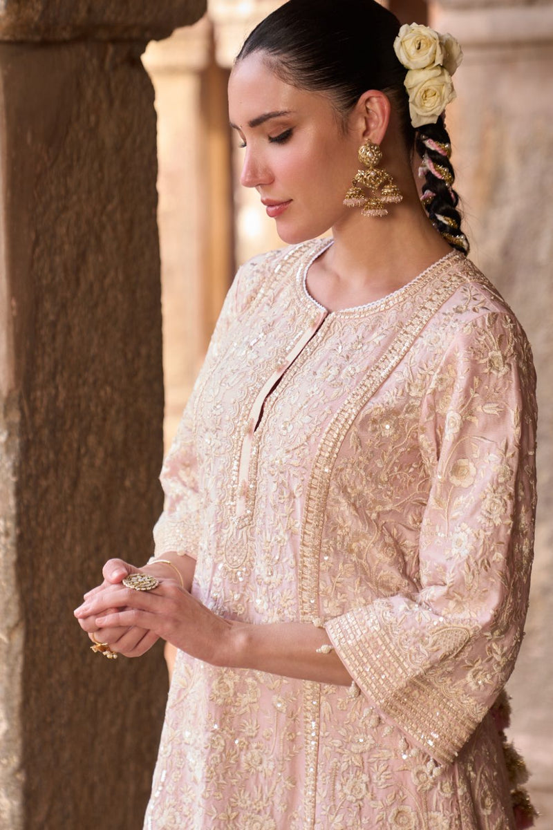 SABOOR - PINK SHORT A-LINE KURTA WITH STRAIGHT PANTS AND DUPATTA silk organza kurta/kurta set by SHEETAL BATRA in pink for women in Singapore