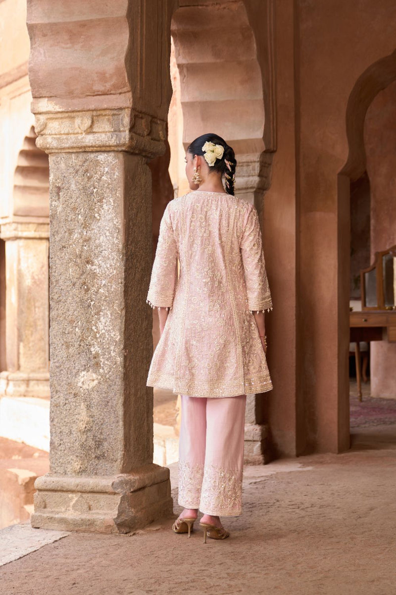 SABOOR - PINK SHORT A-LINE KURTA WITH STRAIGHT PANTS AND DUPATTA silk organza kurta/kurta set by SHEETAL BATRA in pink for women in Singapore