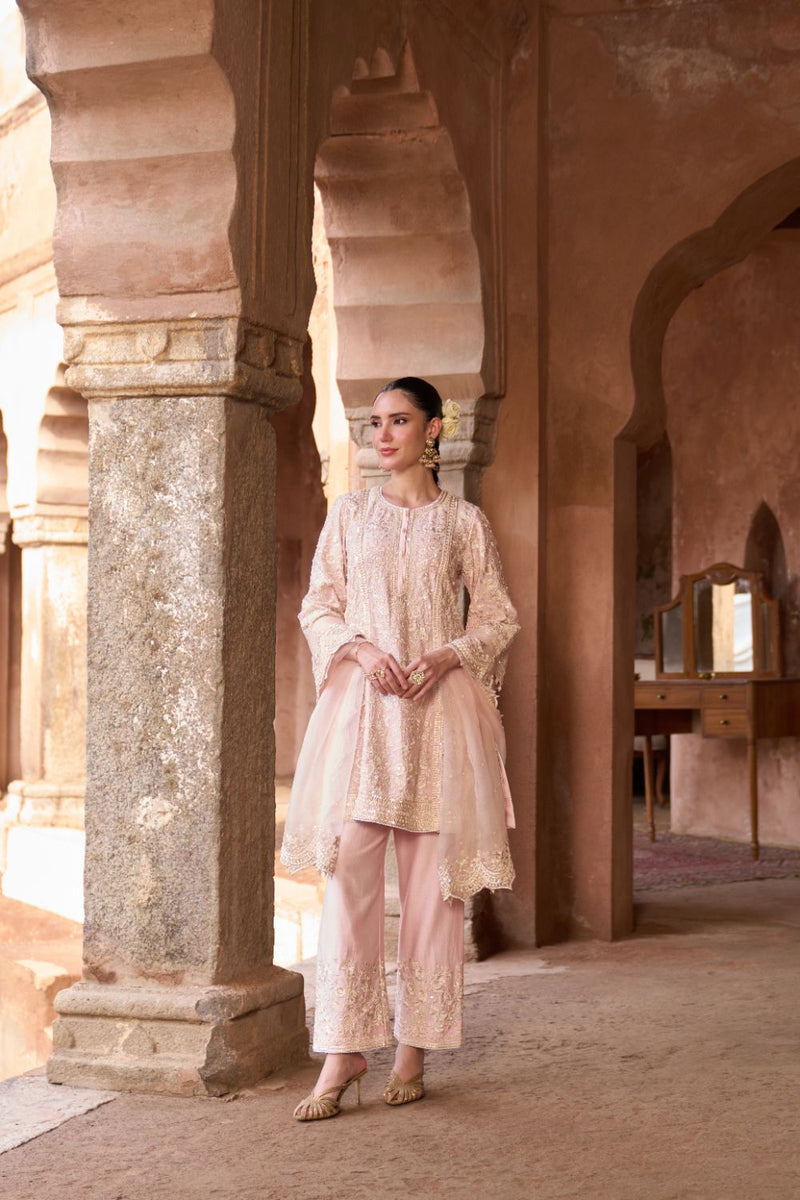 SABOOR - PINK SHORT A-LINE KURTA WITH STRAIGHT PANTS AND DUPATTA silk organza kurta/kurta set by SHEETAL BATRA in pink for women in Singapore
