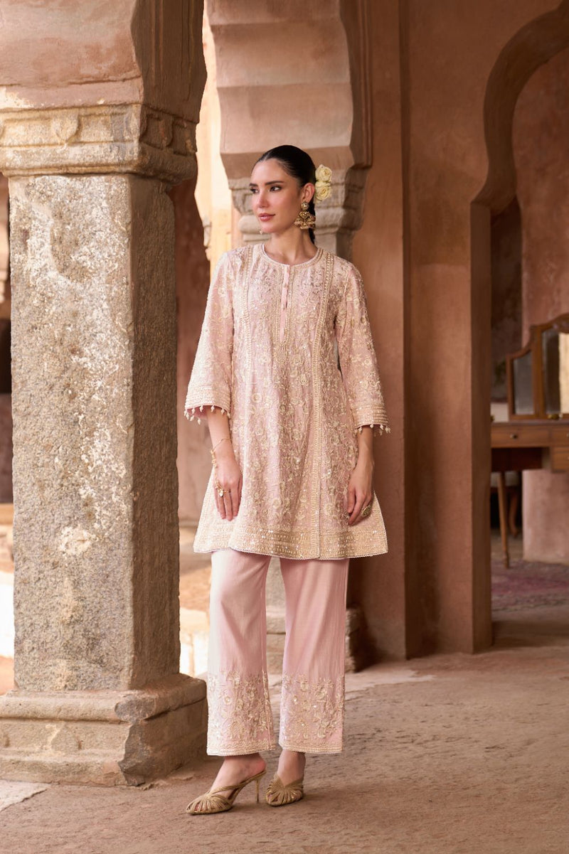 SABOOR - PINK SHORT A-LINE KURTA WITH STRAIGHT PANTS AND DUPATTA silk organza kurta/kurta set by SHEETAL BATRA in pink for women in Singapore
