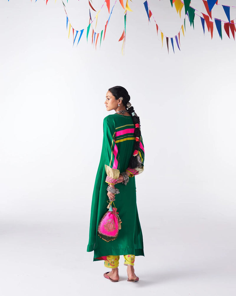 Sakhi Emerald Green Silk Back Stripe Kaftan Kurta Set by Rajiramniq for women in Singapore