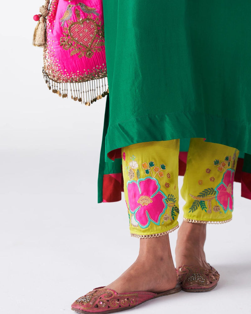 Sakhi Emerald Green Silk Back Stripe Kaftan Kurta Set by Rajiramniq for women in Singapore
