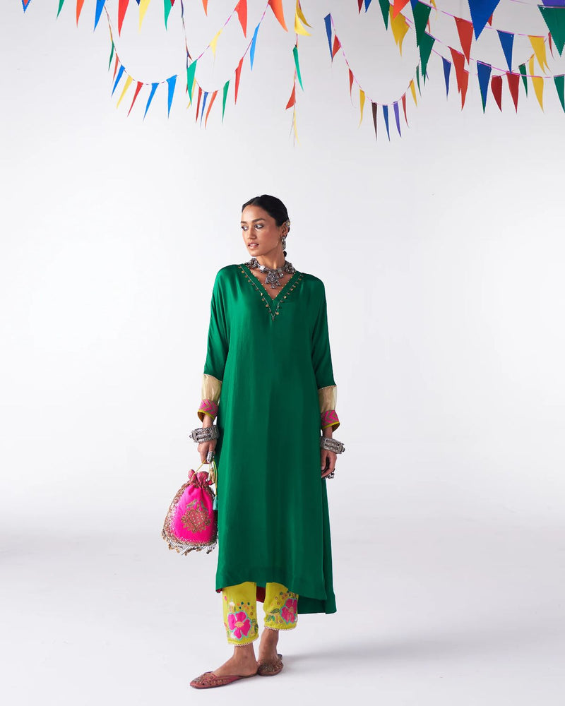 Sakhi Emerald Green Silk Back Stripe Kaftan Kurta Set by Rajiramniq for women in Singapore