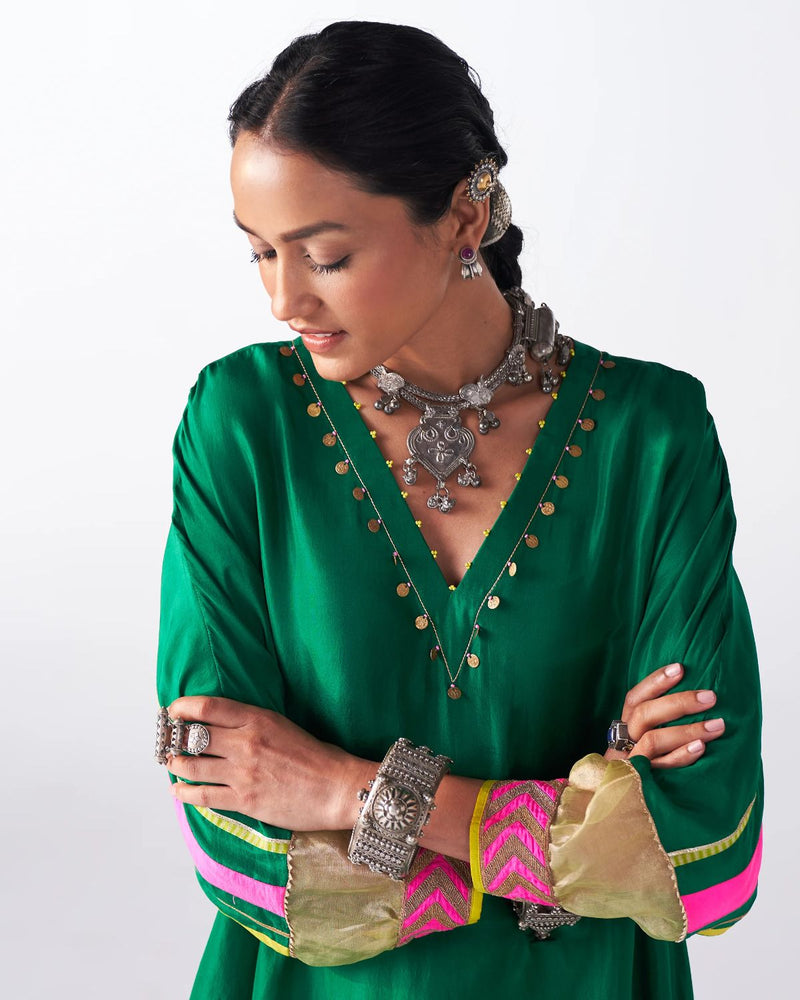 Sakhi Emerald Green Silk Back Stripe Kaftan Kurta Set by Rajiramniq for women in Singapore