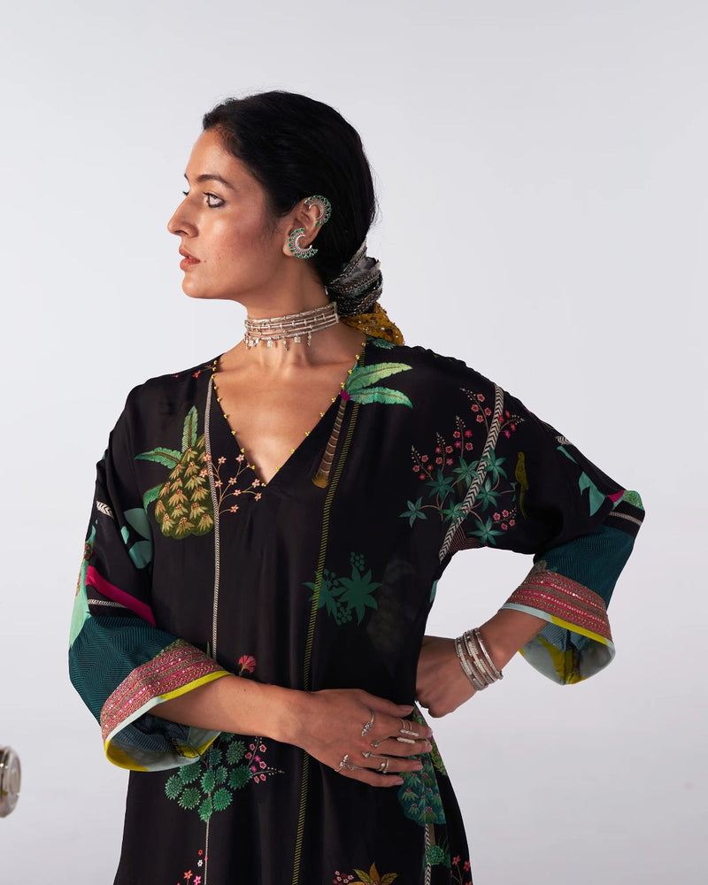 Sakhi Black Printed Kaftan Kurta Set by Rajiramniq for women in Singapore