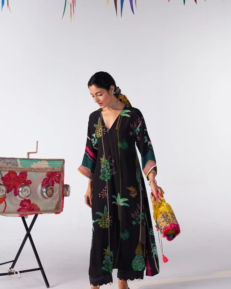 Sakhi Black Printed Kaftan Kurta Set by Rajiramniq for women in Singapore