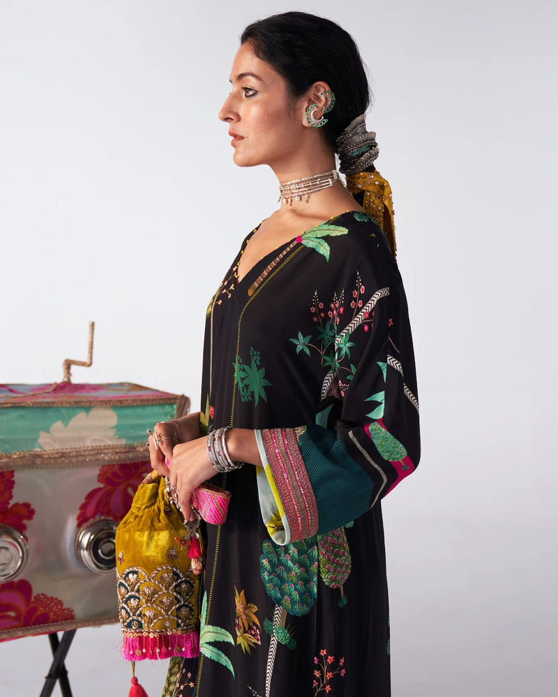 Sakhi Black Printed Kaftan Kurta Set by Rajiramniq for women in Singapore