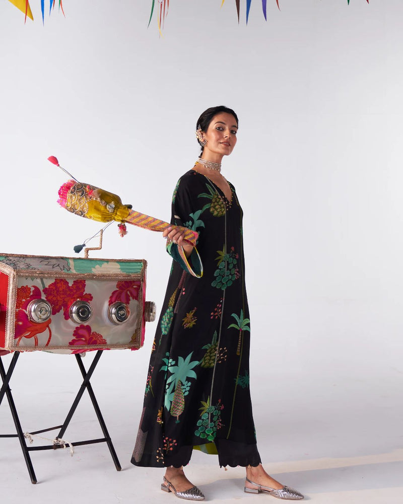 Sakhi Black Printed Kaftan Kurta Set by Rajiramniq for women in Singapore