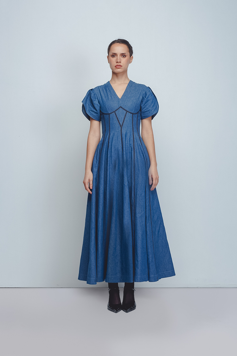 Sana Dress - Denim Blue cotton Buy Sana Dress - Denim Blue from C&W | Dresses for Women by Leh Studios in blue color for women in Singapore