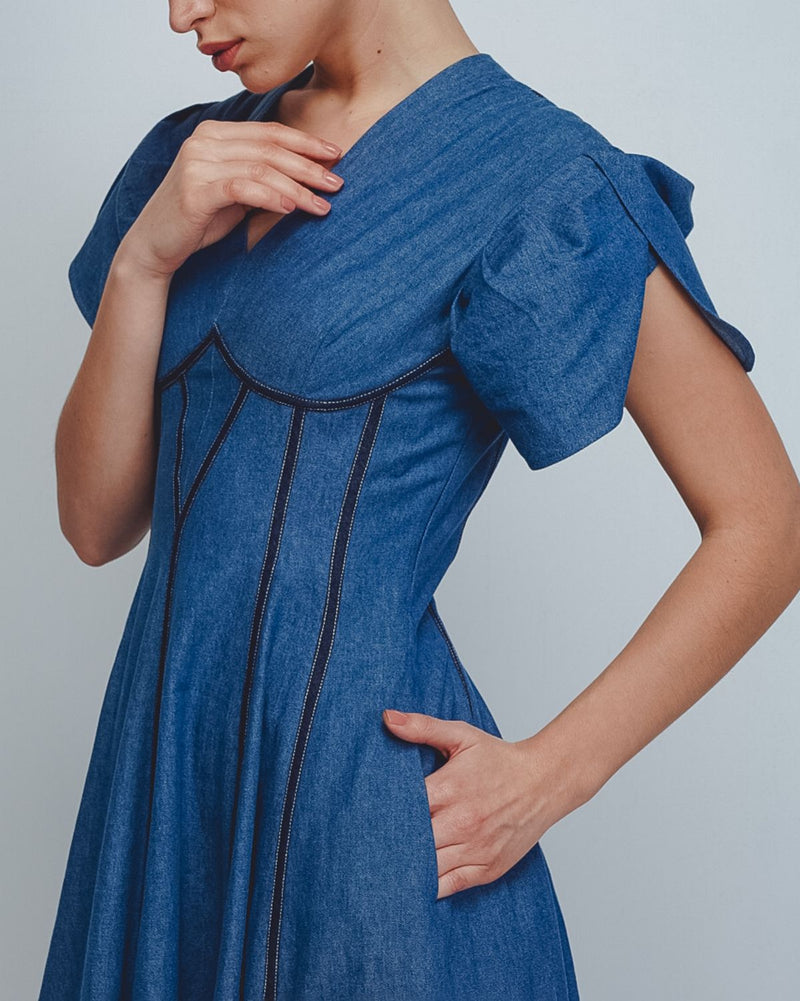 Sana Dress - Denim Blue cotton Buy Sana Dress - Denim Blue from C&W | Dresses for Women by Leh Studios in blue color for women in Singapore
