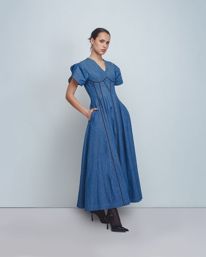 Sana Dress - Denim Blue cotton Buy Sana Dress - Denim Blue from C&W | Dresses for Women by Leh Studios in blue color for women in Singapore