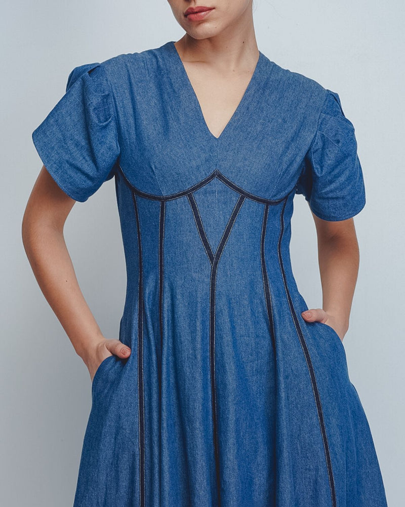 Sana Dress - Denim Blue cotton Buy Sana Dress - Denim Blue from C&W | Dresses for Women by Leh Studios in blue color for women in Singapore