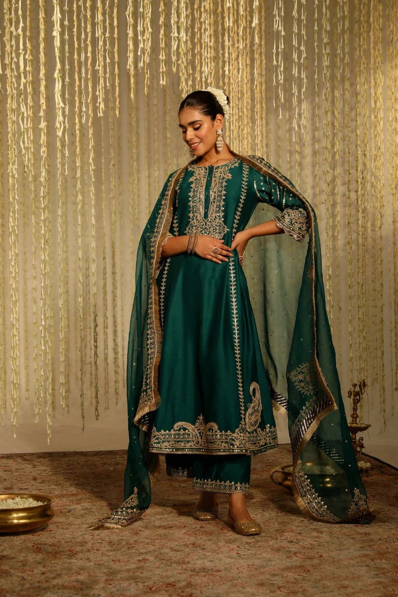 Sabirah A-line long kurta with palazzo and dupatta-Emerald Green Size L