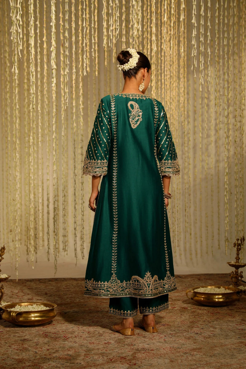 Sabirah A-line long kurta with palazzo and dupatta-Emerald Green Size L
