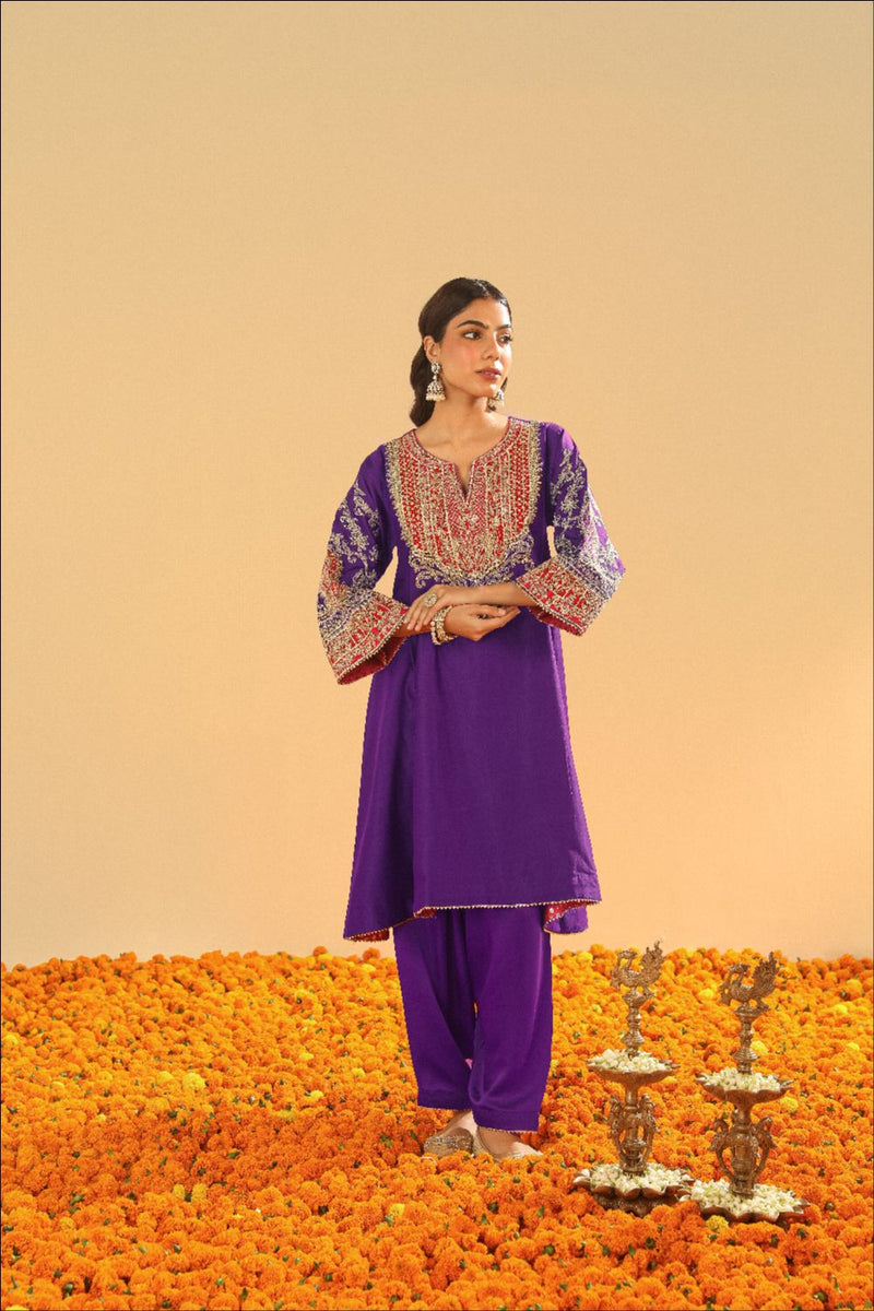 Mohsina Chauga with Salwar-Purple silk by SHEETAL BATRA in purple color for women in Singapore