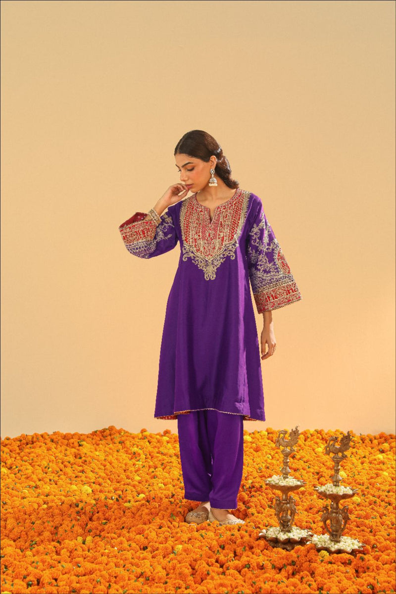 Mohsina Chauga with Salwar-Purple silk by SHEETAL BATRA in purple color for women in Singapore