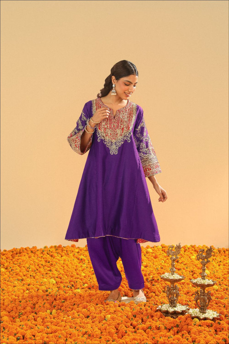 Mohsina Chauga with Salwar-Purple silk by SHEETAL BATRA in purple color for women in Singapore