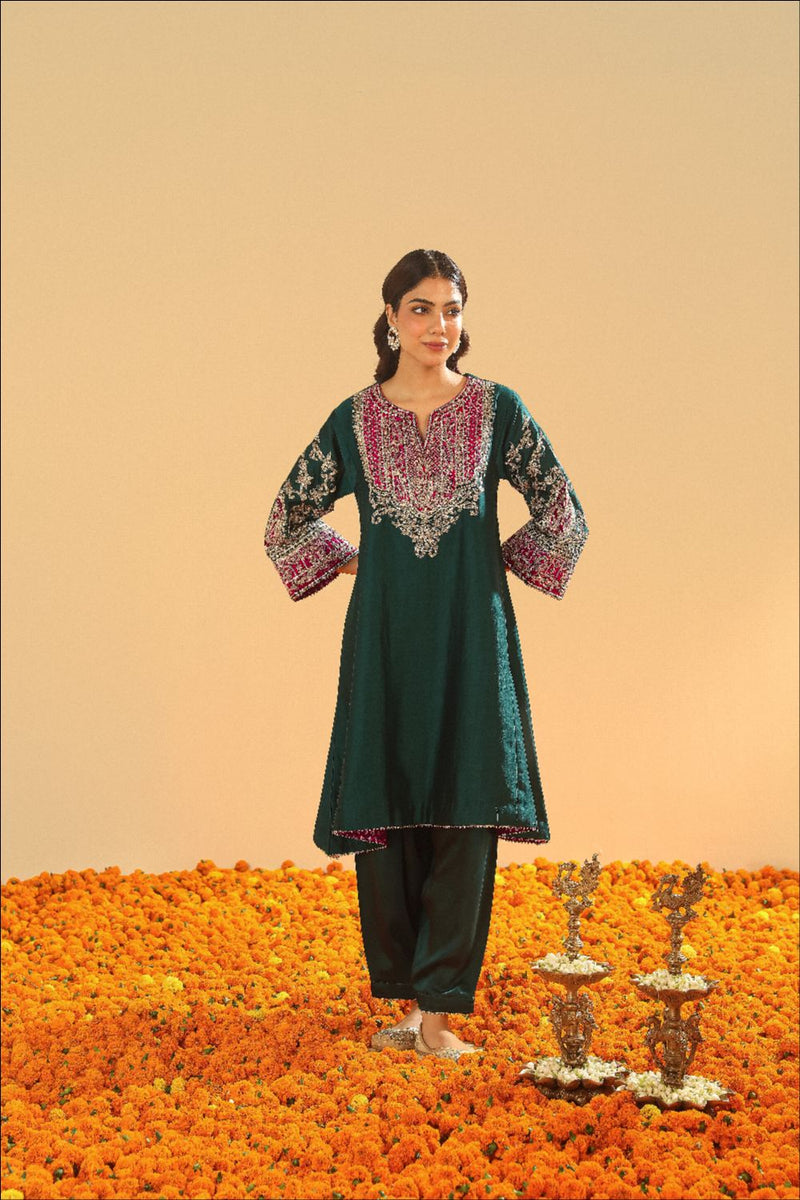 Mohsina Chauga with Salwar-Emerald green silk by SHEETAL BATRA for women in Singapore
