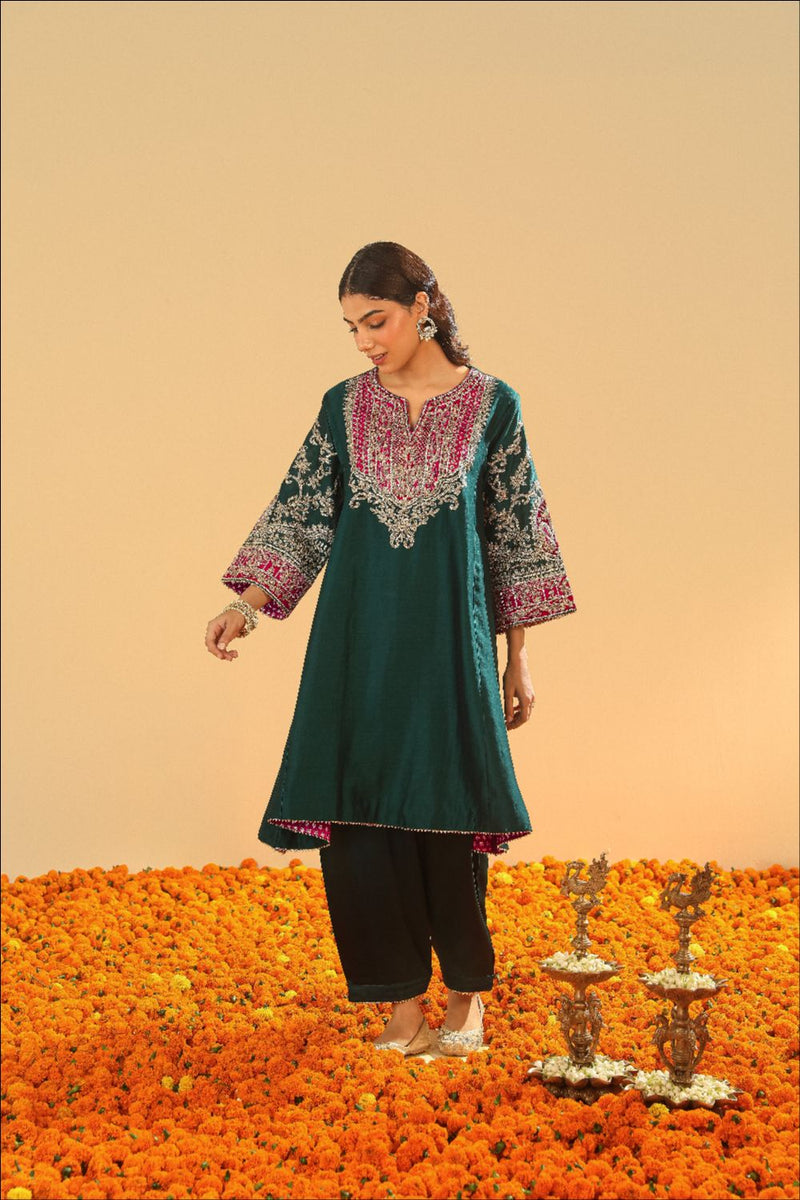 Mohsina Chauga with Salwar-Emerald green silk by SHEETAL BATRA for women in Singapore